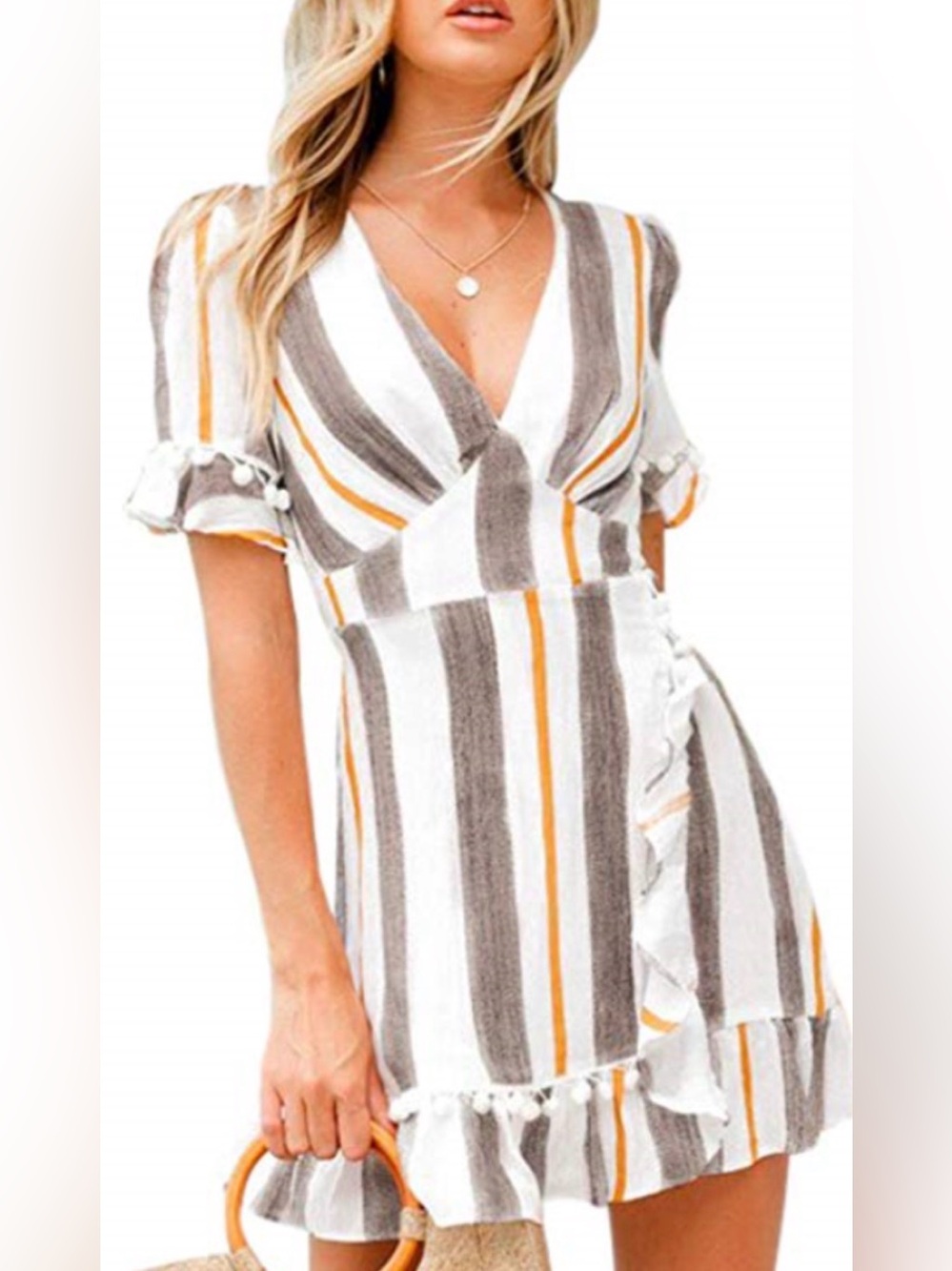 Simplee, large, cotton blend, striped wrap mini dress featuring playful pom-poms